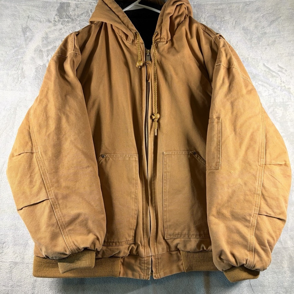 Vintage Brown Duck Canvas Hooded‎ Chore Jacket Thinsulate Lined Workwear Large
